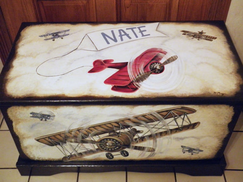 Vintage Airplane Toy Chest Custom Designed with an Espresso background, kids furniture, hand made, hand painted wooden toy box image 2