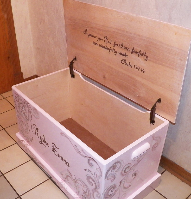 Custom Hope Chest or toy box with a verse of your choice on lid and inside and personalized with name.