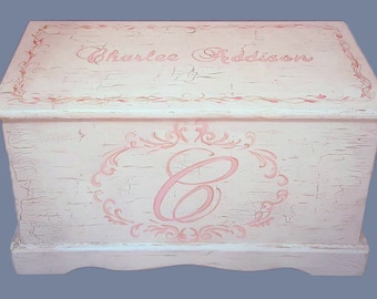 Custom Shabby Chic Hope Chest or toy box with a verse of your choice on inside of lid, monogramed or personalized with name on top