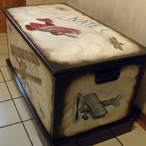 Vintage Airplane Toy Chest Custom Designed with an Espresso background, kids furniture, hand made, hand painted wooden toy box image 3