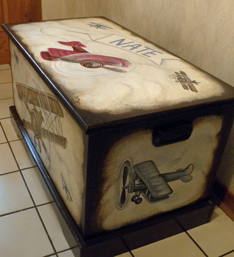 Vintage Airplane Toy Chest Custom Designed with an Espresso background, kids furniture, hand made, hand painted wooden toy box image 3