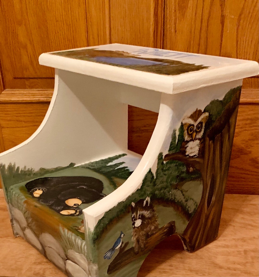 Custom Woodland Animal Step Stool, Wooden Forest Friends Step Stool
