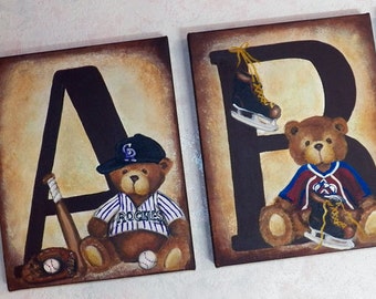 8'x10' Personalized Original Paintings Custom Canvas Wall Art Name Letters All Sports Baseball Football Hockey Basketball Teddy Bears