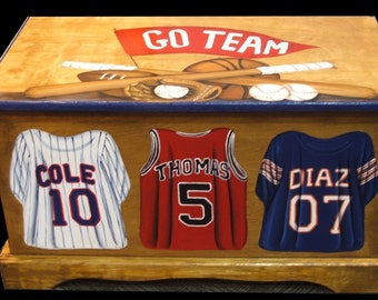 SPORTS JERSEY Toy Box Custom Designed with your sport, wooden hand-made and painted chest, kids furniture, personalized  name,  birth date