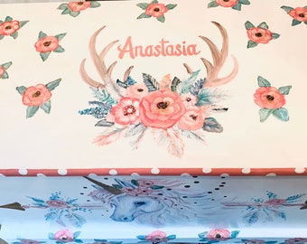 Boho Unicorn Custom Hope Chest or toy box  with a verse of your choice inside and personalized with name.