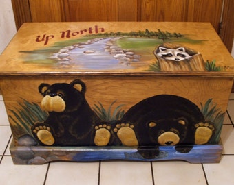 Up North Black Bear Toy Box, kids furniture , wooden chest, hand made, hand painted