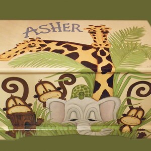 Jungle Toy Chest custom designed with a soft yellow background done with Monogram or Name, kids furniture, art and decor, wooden toy box image 1