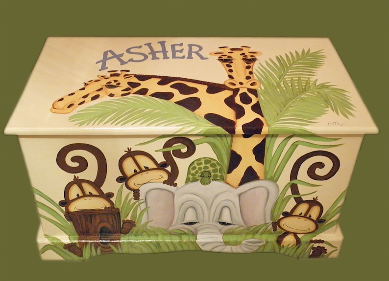 Jungle Toy Chest custom designed with a soft yellow background done with Monogram or Name, kids furniture, art and decor, wooden toy box image 1