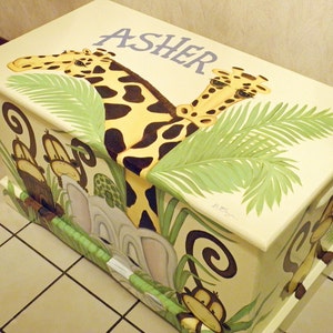 Jungle Toy Chest custom designed with a soft yellow background done with Monogram or Name, kids furniture, art and decor, wooden toy box image 4