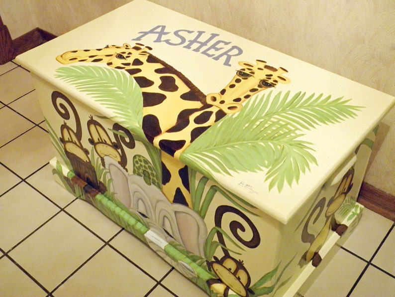 Jungle Toy Chest custom designed with a soft yellow background done with Monogram or Name, kids furniture, art and decor, wooden toy box image 4