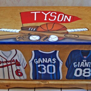 Sports Jersey Toy Box, Designed with your sport, wooden hand-made and painted chest, kids furniture, personalized name, birth date image 3