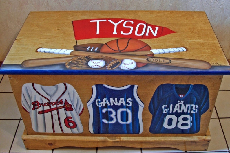 Sports Jersey Toy Box, Designed with your sport, wooden hand-made and painted chest, kids furniture, personalized name, birth date image 3