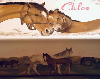 Custom painted horse wooden toy chest hand made