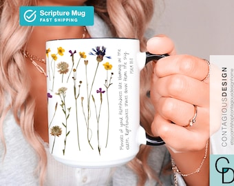 Pressed Flowers Mug Boho Dried Flowers Coffee Mug Cottagecore Scripture Mug Botanical Art Tea Cup Floral Mug Flower Lover Gift for Her