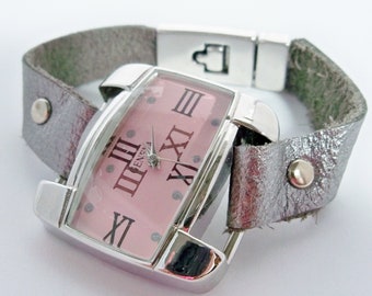 ON SALE Women's Pink and Gray Leather Wrist Watch