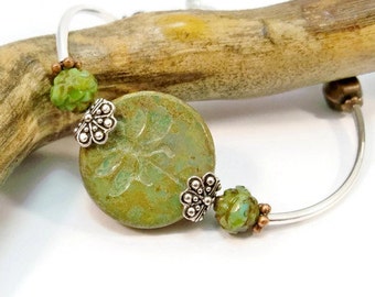 Silver Curve Tube Bracelet, Czech Glass Dragonfly, Minimalist Cuff