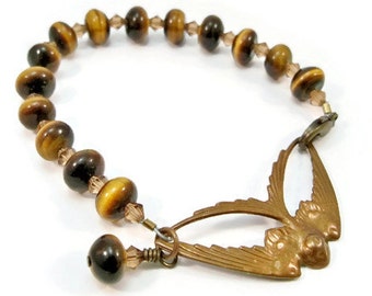 Tiger Eye Gemstone Bracelet, Brass Swallow, Swarovski Crystal Accent