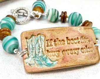 Cowgirl Pottery Cuff Bracelet, Turquoise Glass Bead Western Jewelry