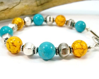 Howlite Turquoise Bracelet, Single Strand Bracelet, Silver and Turquoise, Yellow Howlite Bracelet, Hummingbird Charm