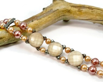 Double Strand Glass Pearl Bracelet, Gunmetal Cuff Bangle