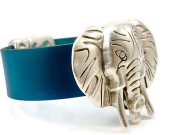 Unique Leather and Silver Bracelet, Silver Elephant Leather Cuff, Turquoise Leather Bracelet, Magnetic Clasp, Gift for Her