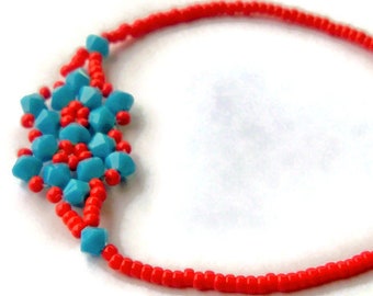 Red & Turquoise Beaded Bracelet, Magnetic Clasp