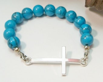 Turquoise Howlite Stretch Bracelet with Silver Cross, Christian Jewelry