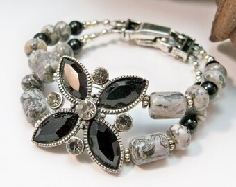 Handmade Black Flower Bracelet, Double Strand Silver Magnetic Clasp