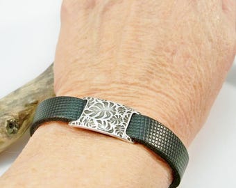 Black Leather Bracelet, Silver Slider Bead, Magnetic Clasp