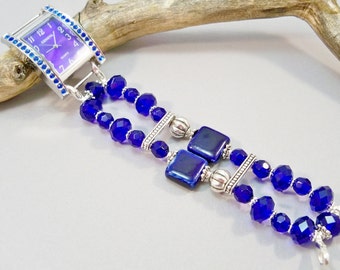 Navy Crystal Watch, Interchangeable Beaded Stretch Band, Handmade