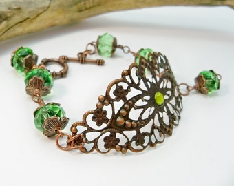 Green Crystal Copper Filigree Cuff Bracelet