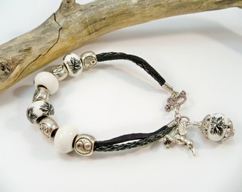 Black Leather Bracelet, Glass Beads, Hummingbird Charm, Toggle Clasp