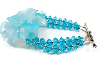 Handmade Aqua Blue Flower Bracelet, Glass Beads, Toggle Clasp