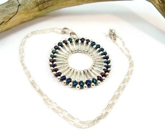 Hand Beaded Pendant Necklace, Silver Chain, Peacock Toho Beads