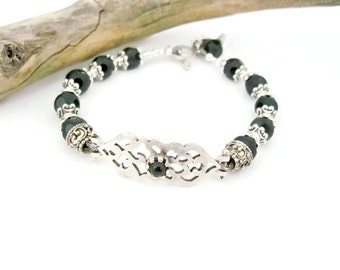 Black Onyx Bead Bracelet, Silver Hummingbird Charm, Matte Silver Plated