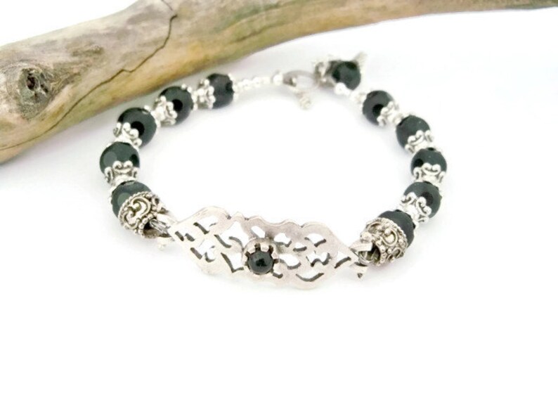 silver bracelet with black beads for women