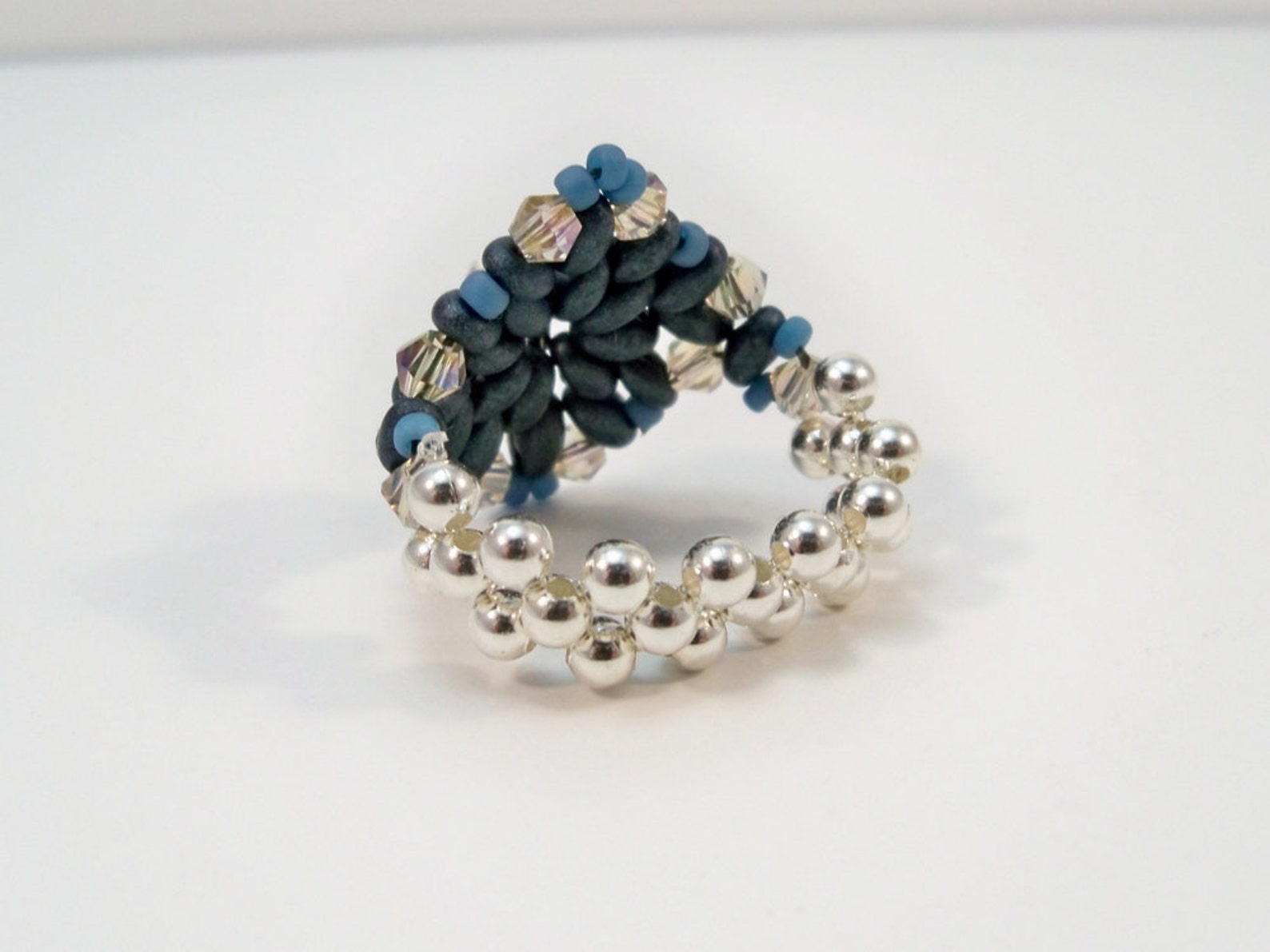 Handmade Denim Blue Beaded Ring, Swarovski Crystal, Stretch Band, Size ...
