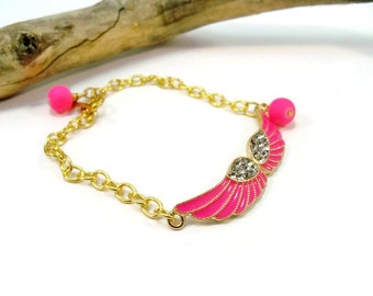 Neon Pink Angel Wing Bracelet, Rhinestone Gold Chain