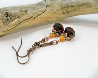 Copper Dangle Earrings, Orange Black Lampwork Beads, Swarovski Crystals
