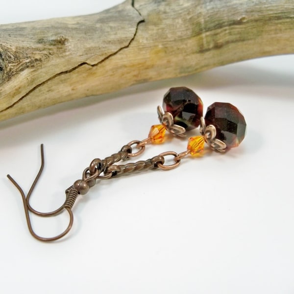 Copper Long Earrings, Lampwork Bead Earrings, Orange Black Earrings, Women's Earrings, Gifts for Her