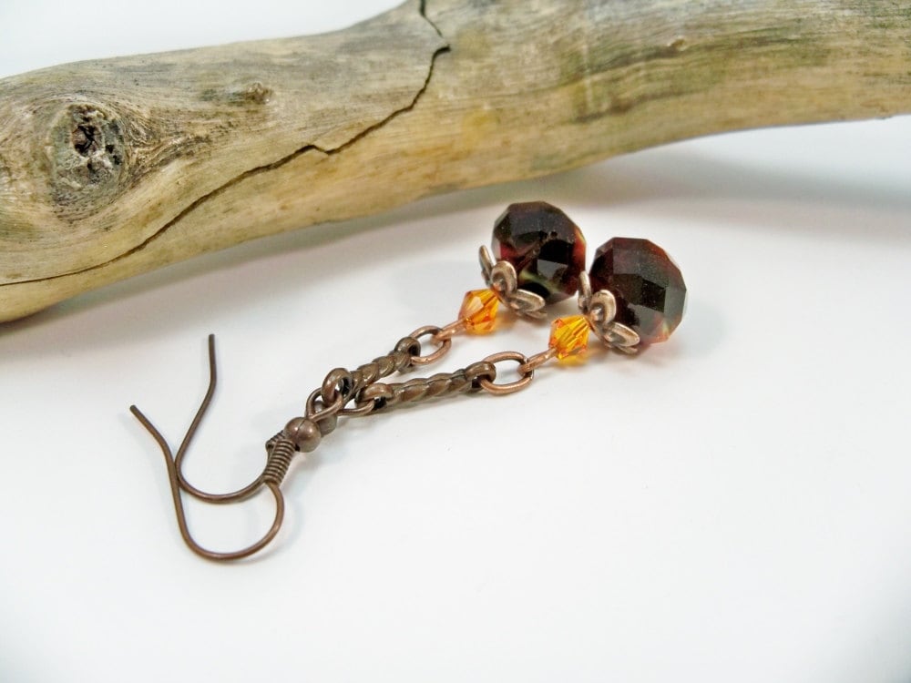 Copper Long Earrings Lampwork Bead Earrings Orange Black Etsy