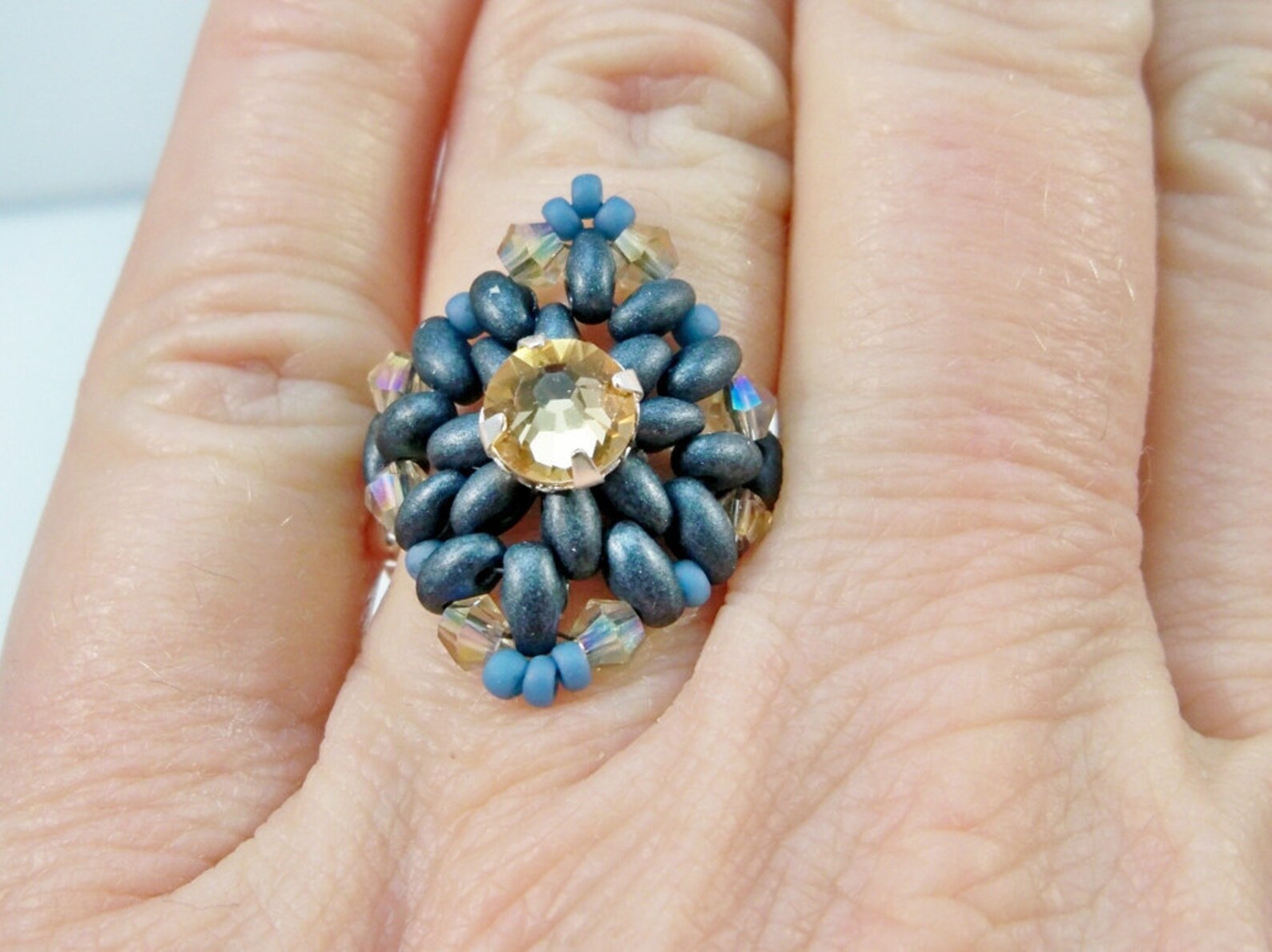 Handmade Denim Blue Beaded Ring, Swarovski Crystal, Stretch Band, Size ...