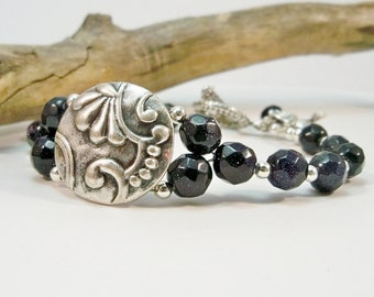 Blue Goldstone Bracelet, Sterling Silver Accent Bead, Toggle Clasp, 7 1/4"
