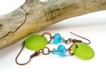 Green Sea Glass and Copper Earrings, Summer Spring Jewelry, Aqua Blue Crystals, Drop Earrings