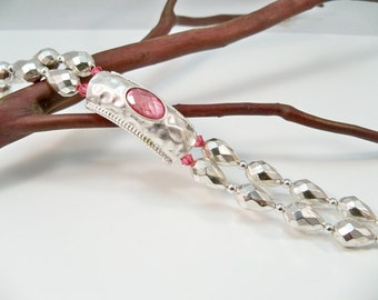 Pink and Silver Cuff Bracelet, Double Strand Bracelet, Swarovski Crystal Bracelet,Silver Bracelet