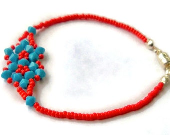 Beaded Bracelet, Turquoise and Red, Crystal Bracelet, Swarovski Crystal Bracelet, Magnetic Clasp