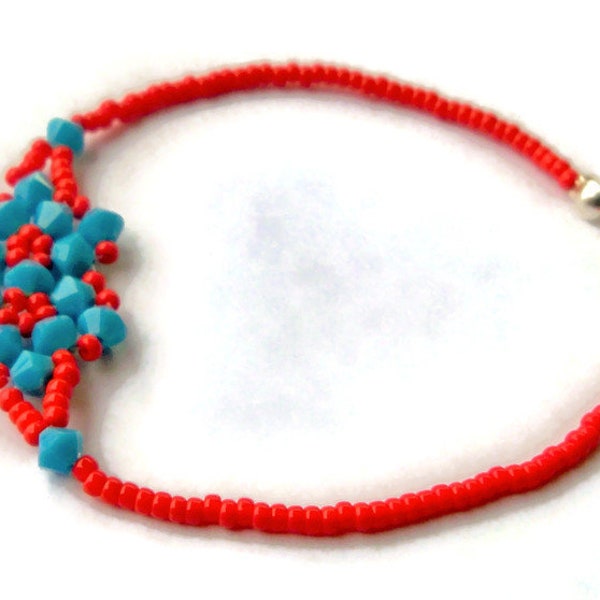 Beaded Bracelet, Turquoise and Red, Crystal Bracelet, Swarovski Crystal Bracelet, Magnetic Clasp