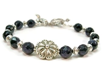 Edelsteen en zilver armband, Zilveren armband, armband blauw Goldstone, giften voor haar, blauwe armband, Women's sieraden