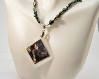 Mother of Pearl Pendant Necklace, Silver Plate Chain, Purple Jewelry