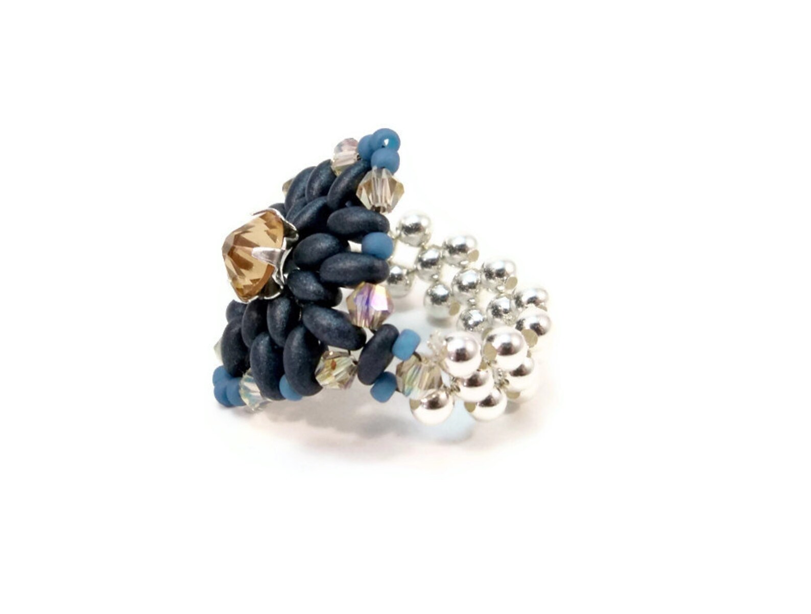 Handmade Denim Blue Beaded Ring, Swarovski Crystal, Stretch Band, Size ...